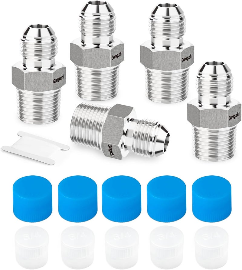 Goraguchi 5PCS 304 Stainless Steel Forging JIC Flare Tube Fittings, 1/2" JIC Male x 1/2" NPT Male, Half Union, with Protection Cover, for Fuel/Airl/Water/Gas/Oil - Image 1